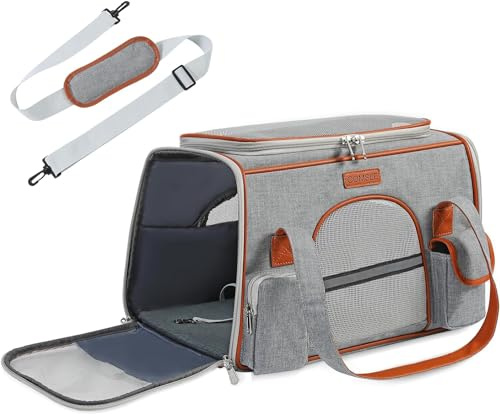 Transportín para Gatos y Perros hasta 7 kg, COMSLE Transportin Perro Avion con Malla Transpirable y Asas, Bolsa Transporte Perro con Colchón Suave, Trasportines Perro Mediano Pequeño, Gris Claro