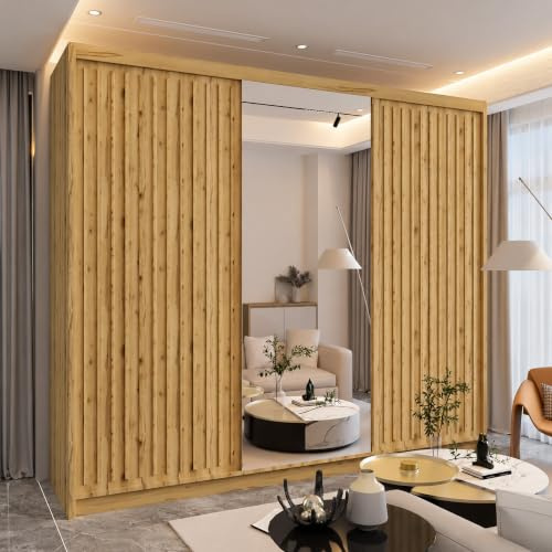 MN Furniture Roni Wide Wardrobe with Hanging Rails, Shelves and Drawers, Freestanding Closet Cabinet and Wardrobe with Sliding Mirror Doors for Bedroom (Oak, 250cm)