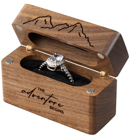 Wislist Wooden Engagement Ring Box for Proposal,Wedding,Walnut Wooden case for Little Slim Ring,Pocket Size Secret (The adventure begins)