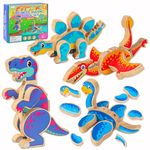 Dinosaur Building Blocks Set, Wooden Dino Blocks, Magnetic Dinosaur Builders, STEM Take Apart Dinosaurs Playset, Montessori Fine Motor Skills Educational Learning Toy Gift for 3 4 5 Years Kids