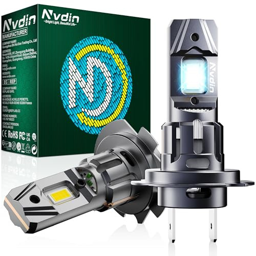 Nvdin lampadine h7 led 40000lm, ultra potenza lampadina per fari auto e moto, kit lampada 12v per abbaglianti o anabbaglianti o fendinebbia, equivalente a 150w, luce bianca 6000k