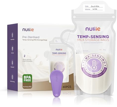 Nuliie 60 Stück Muttermilch-Aufbewahrungsbeutel, Temperaturfühlende Verfärbung mit extra Auslaufsicherem Zusatz-Clip, 180ml mit Ausguss, Selbststehend, BPA-frei, Vorsterilisiert und Gefriersicher