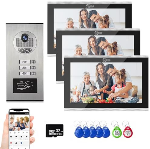 4-Wire Video Intercom System,7 Inch,Night Vision,Live View and Conversation,Unlock by Monitor APP/Swipe Card,Smart Video Doorbell with Camera & Intercom (1 Doorbell + 3 Monitor)