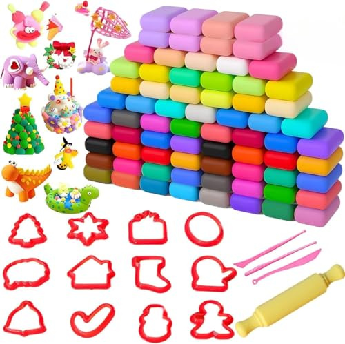 Modelado de masa infantil 72 colores secado al aire con rodillo y moldes navideños, set creativo de arcilla mágica para manualidades y juegos educativos