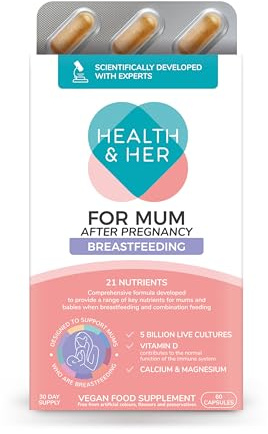 Health & Her For Mum After Pregnancy Breastfeeding Supplement - Postnatal vitamins for women - Contains 5bn live cultures, Vitamin D, Calcium, Magnesium - 1 month supply - 60 CAPSULES - Vegan & Gluten