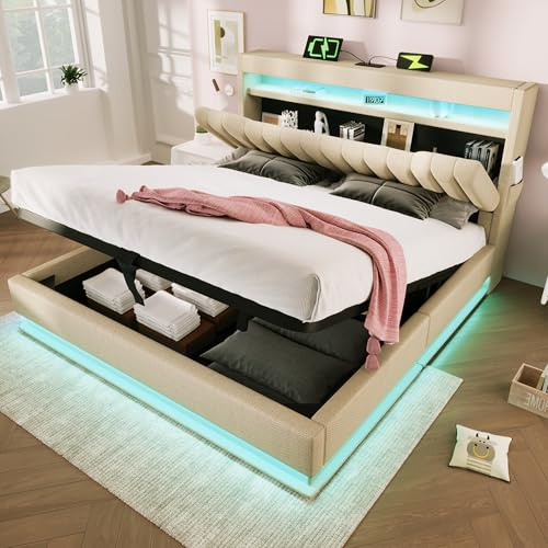 Lit rembourré 140x200cm, tête de lit avec rangement et ports USB et Type-C, lit double, lumières LED à la tête et au pied, lit hydraulique avec espace de rangement, lin, beige(matelas non inclus)