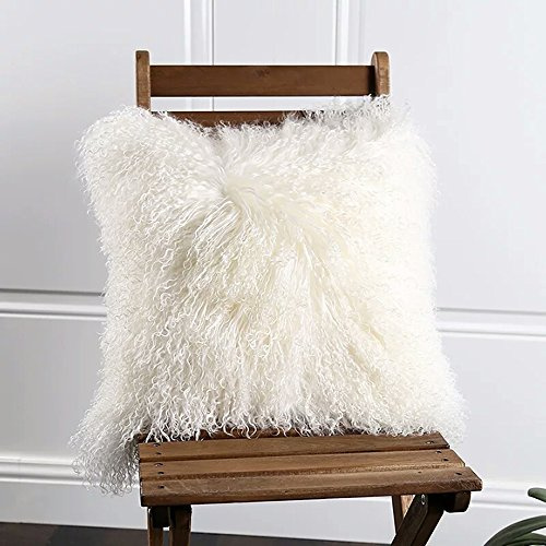 100% Tibetan Mongolian pelle di pecora in pelliccia di agnello federa cuscino bianco, White, 45*45cm