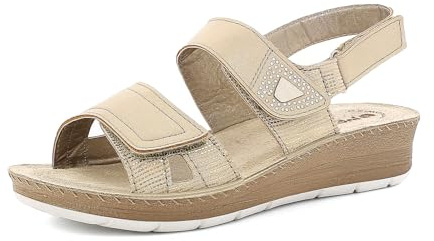 Sandali Donna in Ecopelle con Doppia Fascia e Chiusura Regolabile a Strappo, Plantare in Pelle, Platino, 37