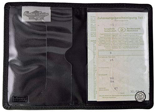 CreativDesign KFZ-Schein Schutzhülle, echtes Leder gebuggt KFZ Fahrzeugschein Mappe Ausweisetui (Schwarz 2 Fächer)