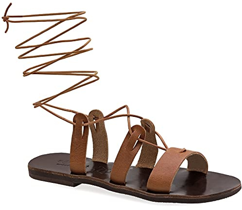 Emmanuela Sandales en cuir haute mollet dans un ancien style grec, gladiateur à la main, Sandales de reliure, sandales de haute qualité, chaussures d'été avec des orteils ouverts