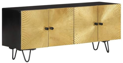 vidaXL Black and Gold TV Cabinet - Solid Mango Wood and Brass Construction, Storage Doors and Compartments, Perfect for Living Room Decor