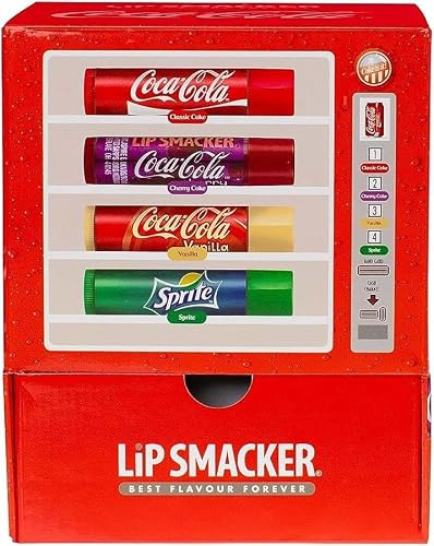 Lip Smacker Coca-Cola Collection, Coca-Cola, Coca-Cola Cherry, Coca-Cola Vanilla och Sprite Smaksatta Läppbalsam, Olika Autentiska Coca Cola-smaksatta läppbalsam, Presentset i en Coke-varuautomat
