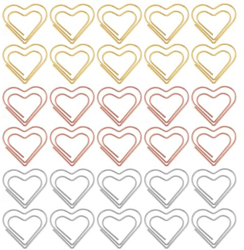 Goiern® Set di 30 Mollette a Forma di Cuore (Argento/Oro Rosa/Oro), Clip da Ufficio Pieghevoli in Metallo per Aula