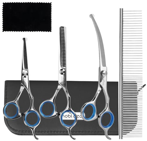 Nobleza 5 in 1 Dog Grooming Scissors, Dog Grooming Kit, Pet Thinning Curved Straight Scissors Groom Set with Dogs Comb, Pet Puppy Cat Groom Kit, Dogs Hair Cutting Trimming Scissor Professional