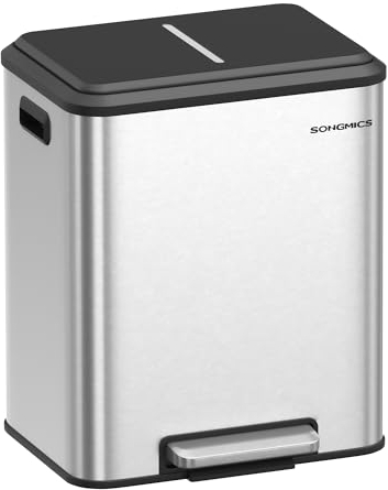 SONGMICS Mülleimer Küche, Mülltrennsystem 2 x 15 L, 2 Fächer für Recycling und Restmüll, Abfalleimer, Inneneimer, Stahl, Softclose-Deckel, breites robustes Pedal, metallicsilber LTB544E01