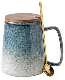 ZONABSQQ Tazas de café de cerámica Grandes de 26 onzas con asa de Cuchara con Tapa, Taza de té Gigante Extragrande for Oficina y hogar, Regalo y Presente 780ML(M-780ML-Blue)