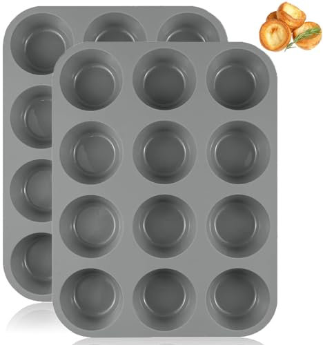 Luoqun88 Large Muffin Tray 12 Cup, Silicone Muffin Pan, 2pcs Non-Stick Muffin Cupcake Tin, Baking Mould for Muffins or Cupcakes, Dishwasher Safe, Reusable Baking Moulds Tins-30 x 22 x 3cm (Grey)