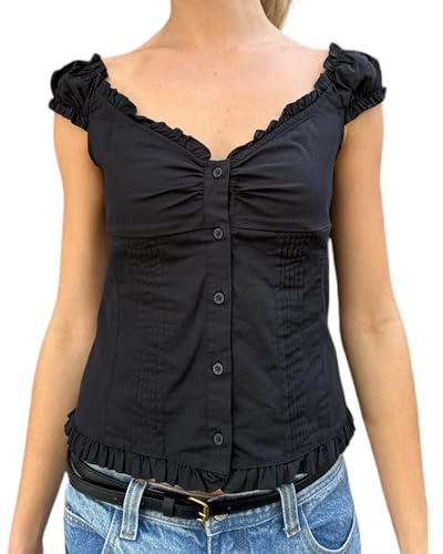 Cusghjbsg Women Y2K Ruffle Top Casual Solid Color V Neck Cap Sleeve Button Down Slim Fit Frill Shirts Summer Fairy Grunge Babydoll Blouse (Black B, S)