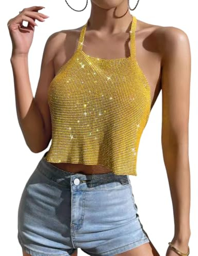Camiseta sin mangas con lentejuelas metálicas y diamantes de imitación con diamantes de imitación, espalda descubierta, escote en V profundo, camiseta sin mangas