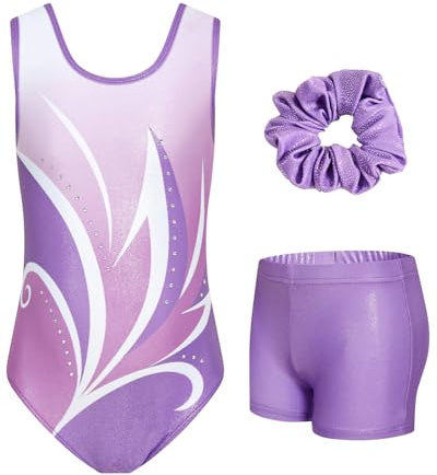 JiAmy Justaucorps Gymnastique fille, Combinaison de Gymnastique à Uniformes de gymnastique sans manches avec dos découpé Dos échancré avec Short et Serre-tête pour Enfants de 3-12 Ans