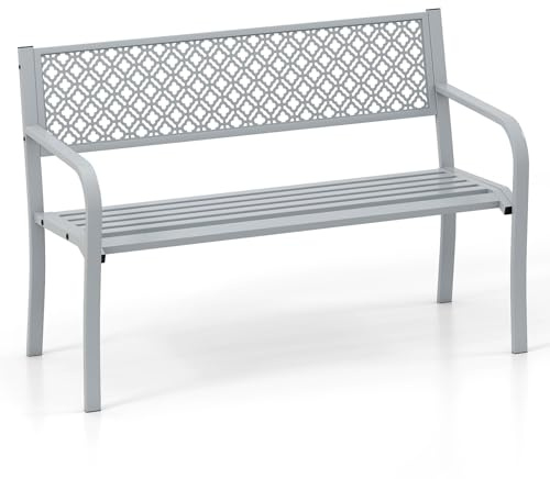 COSTWAY Garden Bench, 2-Person Heavy Duty Metal Frame Loveseat Park Bench, Outdoor Furniture Leisure Seating Patio Chair for Entryway, Porch & Backyard (Grey, 127 x 59 x 82 cm)