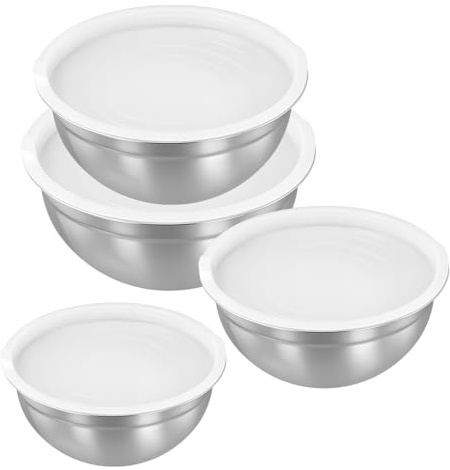PINGEUI Set di 4 ciotole in acciaio inox, ciotole in metallo con coperchio (18, 20, 24, 28 cm), ciotole salvaspazio per cottura e conservazione degli alimenti
