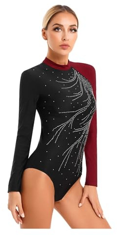 Ballet Adulto Mallot de Danza Traje de danza y gimnasia con purpurina for mujer, traje de patinaje artístico, leotardo de manga larga con cuello alto y bloques de color, leotardo de ballet(Blue B,S)