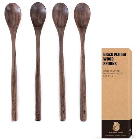 MIGAKU HOME Black Walnut Wood Coffee Spoons, 4 Pcs Spoons for Espresso, Tea, Long Spoon for Stirring, Premium Wooden Spoons Set