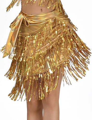SEAUR Latin danskjol kvinnor tofs glänsande metallisk höfthalsduk magdans tango samba, Guld, one size