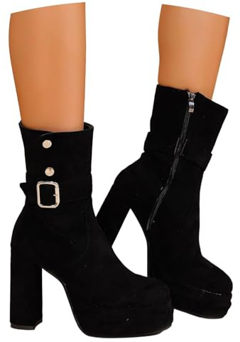 LDXEQIZ Stivaletti Chelsea da Donna Tacchi Alti in Pelle Scamosciata retrò Stivali Corti con Plateau E Cerniera Stivaletti Biker Autunno Inverno Scarpe alla Caviglia Calde E Antiscivolo(Black,37 EU)
