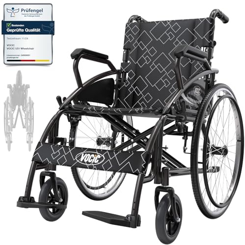 VOCIC Silla de ruedas plegable ligera hasta 150 kg, U31 con doble freno, silla de ruedas plegable (17,5 kg) con autopropulsión (Gris Obsidiana)