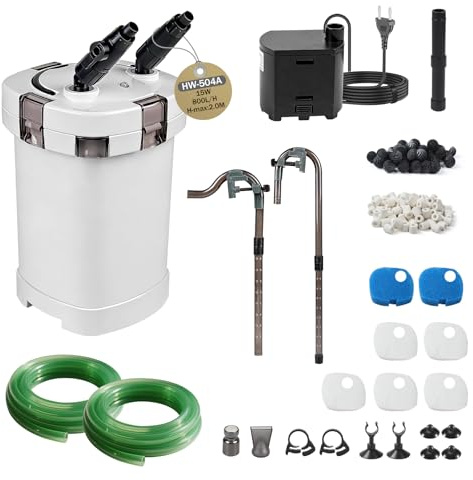 EXLECO Pompe Aquarium Externe Réglable 800L/H 15W, Silencieux Filtre Aquarium avec Matériel de Filtration à 3 Étapes, pour Réservoir Jusqu’à 300 L, pour Poisson Rouge, Tortue Deau, HW-504A