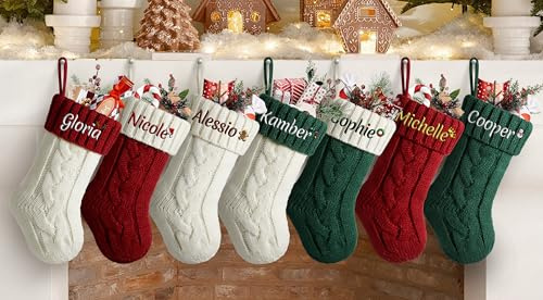 NIBESSER Personalized Mini Christmas Stockings Set of 5 Custom Name Family Christmas Stockings 9” Small Knit Knitted Xmas Stocking for Kids, Rustic Farmhouse Fireplace Hanging Ornament Holiday Décor