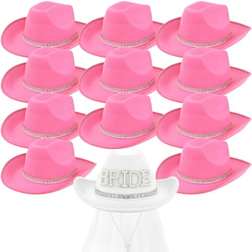 RWFMO 12 Pcs Pink Women Cowgirl Hats, Hen Party Cowboy Hat, Bachelorette Cowboy Hats with Adjustable Drawstring for Last Rodeo Bridal Shower (Pink, White)