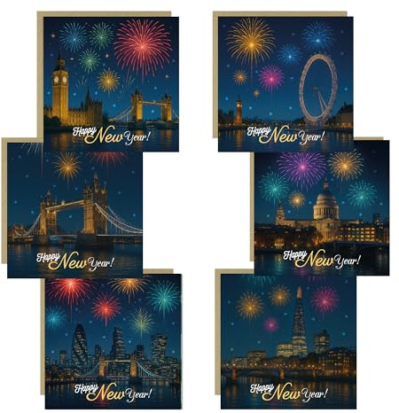 RED OCEAN Happy New Year Cards Pack of 6 With Greetings Cards New Year Card Multipack For Friends Family New Years Eve Cards Bundle Him Her Men Women