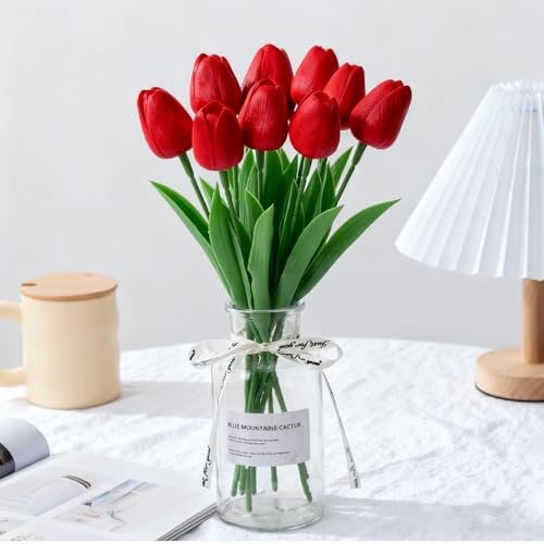 Probuk 10pcs Tulipanes Artificiales Rojos en Ramos - Símbolo de Pasión y Amor, Decoración para San Valentín, Bodas, Hogar
