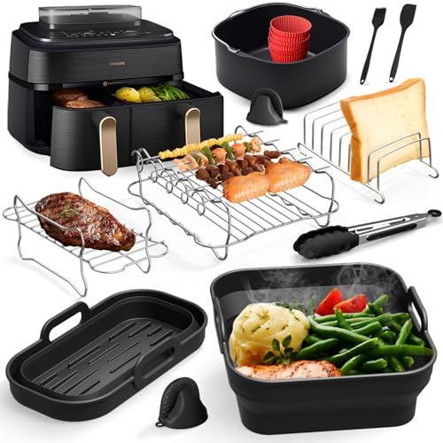 Heißluftfritteuse Zubehör für Philips Airfryer 3000-5000 serie 9L, Faltbar Silikonform Heißluftfritteuse Zubehör Set Wiederverwendba Auflaufform Einsatz für Philips Dual Basket Airfryer NA350/NA550 9L