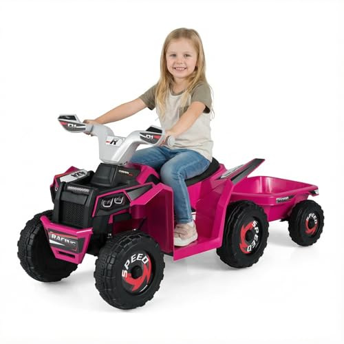 COSTWAY Quad Eléctrico para Niños 6V con Remolque, ATV Coche Eléctrico para Niños con Interruptor de Un Toque, Velocidad Ajustable 2-3 km/h, Vehículo de Juego para Niños de 3+ Años (Rosa)