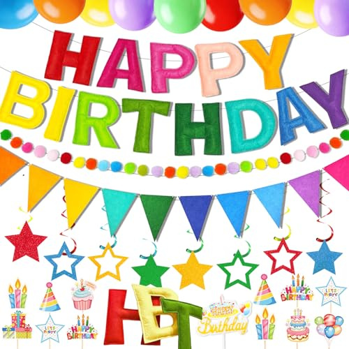 43PCS Pre-Strung 3D Felt Happy Birthday Banner Decorations, Rainbow Happy Birthday Banner Felt Pom Pom Garland Triangle Fabric Banner for Handmade Felt Reusable Birthday Banner Decorations Supplies