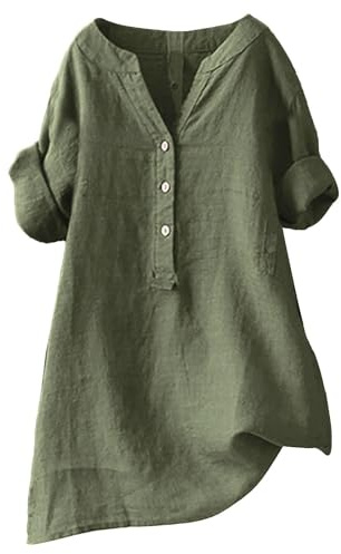 Tunika i linne för damer, modern oversize-blus i stora storlekar, långärmad sommarblus med V-ringning och elegant vintage-look, festlig topp, Grön, L