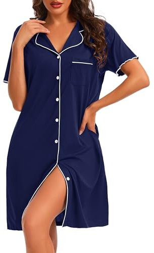 Lovasy Chemise de Nuit Femme Coton à Manches Courtes Col en V Classique Robe De Nuit Boutonnée Devant Tee Shirt de Nuit Femme Grande Taille avec Poches Latérales