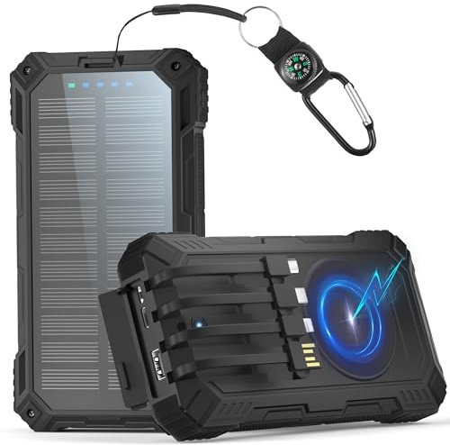 Power Bank Solare 56800mAh: 30W PD 3.0 A USB C Powerbank Ricarica Rapida con 4 Cavi, 6 Uscita & 4 Ingresso, 15W Ricarica Wireless, Spie luminose a LED, Torcia, Caricatore Portatile con Smartphones