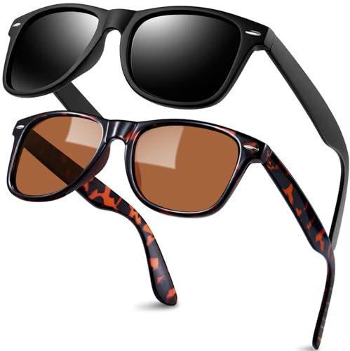 KANASTAL 2 Pares Gafas de Sol Marrones Carey Hombre y Mujer Polarizadas Cuadradas Clásicas Retro Protección UV400 para Conducir Pesca - Negras Mate + Marrón Leopardo