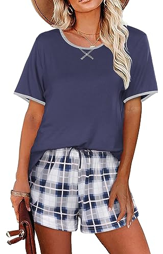 Ekouaer Women Pajama Set Casual Short Set Navy Blue and White Plaid Medium