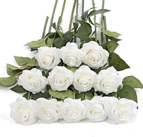 IPOPU Ramo de Rosas Artificiales de Seda de látex Artificial de Tacto Real, 10 Unidades, para el hogar, Boda, Fiesta, jardín, decoración de hortensias para Bricolaje (12 Unidades), Color Blanco