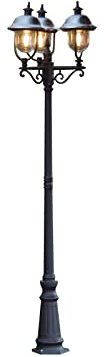 Große LED Wegeleuchte, Mastleuchte 3-flammig im Landhausstil, Schwarz-Silber