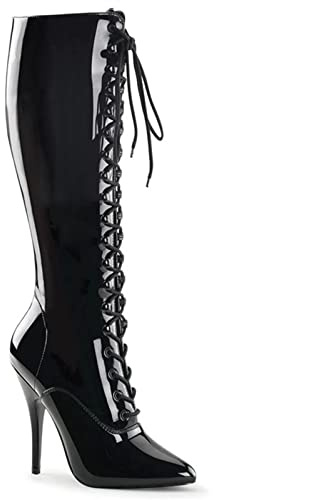 12 CM/4.72IN Bout Pointu Bottes Au Genou À Lacets Talons Aiguilles Sexy Élégant Dames Discothèque Bottes Haut Genou Haut Pôle Danse Cavalier Bottes,Noir,39 EU