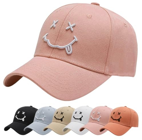 Baynetin Gorra de béisbol para Hombre,Unisex Algodón Ajustable de 6 Paneles Casual Deportes de Sombrero, 3D Carta Smiling Bordado Moda Gorro (Rosa)