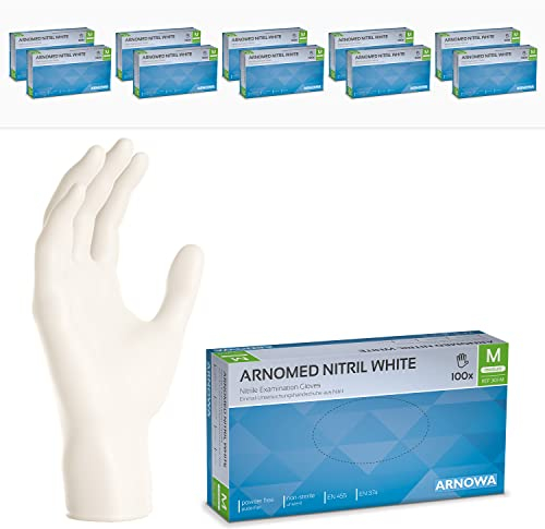 1000 Stück ARNOMED Einweghandschuhe Weiß, Einmalhandschuhe M, Nitril Handschuhe Einweg, Nitrilhandschuhe puder-/latexfrei, Gummihandschuhe Einweg, Schutzhandschuhe, Handschuhe Nitril XS, S, M, L, XL