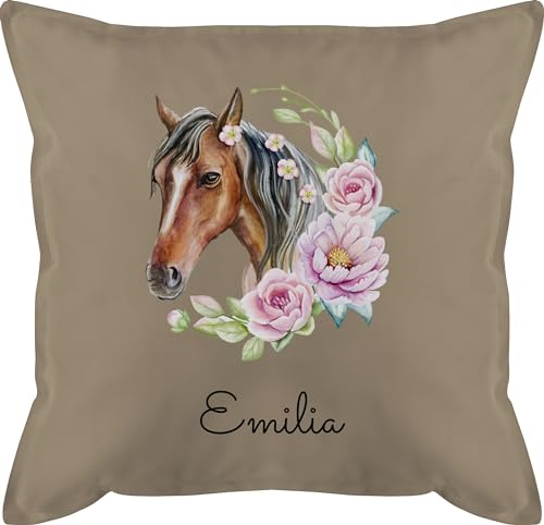 Kissen 50x50 - Pferd Pferde - Wunschname Pferdekopf Name I Pferdemotiv I Geschenk Pferdemädchen - 50 x 50 cm - Beige Natur - kinderkissen pferdekissen Reiter Horse schmusekissen Baumwolle